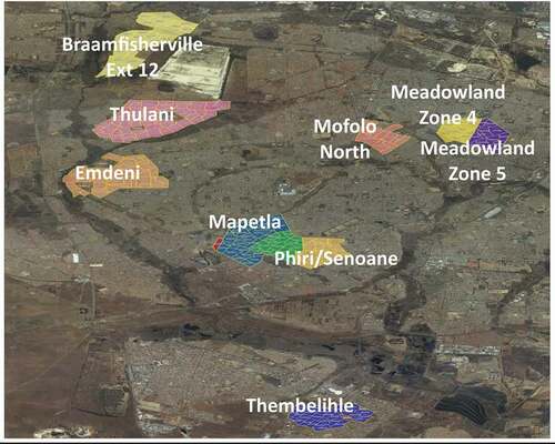 Figure 1. Map of Soweto/Thembelihle Demographic Surveillance Areas (DSA). The 8 clusters presented are sub-places in Soweto, with Thembelihle neighbouring Soweto