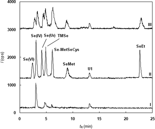 Figure 1. Chromatogram of selenium species in urine (I-blank urine, II-urine spiked by 50 µg⋅L–1 Se of Se(IV), tR = 2.57 min; Se(VI), tR = 2.98 min; SeUr, tR = 3.85 min; TMSe, tR = 4.12 min; Se-MetSeCys, tR = 5.85; SeMet, tR = 8.52 min; SeEt, tR = 22.25 min; III-decrease in separation efficiency caused by the post-column mixing of the eluent with IS solution).