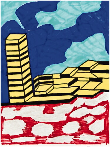 Caption: Artwork 1: The City.Image description: A drawing of a yellow sky scraper with bold black floor demarcations that are alongside a multi-story yellow buildings sitting on a red and white splotched foundation. In the background there are bright blue and turquoise clouds.
