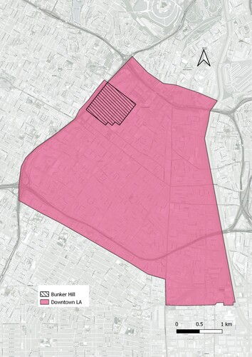 Figure 1. Map of Bunker Hill neighborhood in Downtown Los Angeles. Source: Created by author.