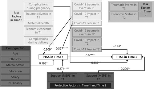 Figure 1. Path analysis results. Notes: Arrows display significant paths (*p ≤ .05, **p ≤ .01, ***p ≤ .001, ****p ≤ .0001) with standardized path coefficients in text. MSPS = Multidimensional Scale of Perceived Social Support; PTSS = Posttraumatic stress symptoms; T1 = Time 1; T2 = Time 2.