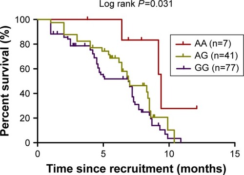 Figure 1 Kaplan–Meier curves of PFS according to the three variants (AA, AG, and GG) of MLH1 rs1800734 SNPs in mCRC patients treated by first-line irinotecan-based chemotherapy.