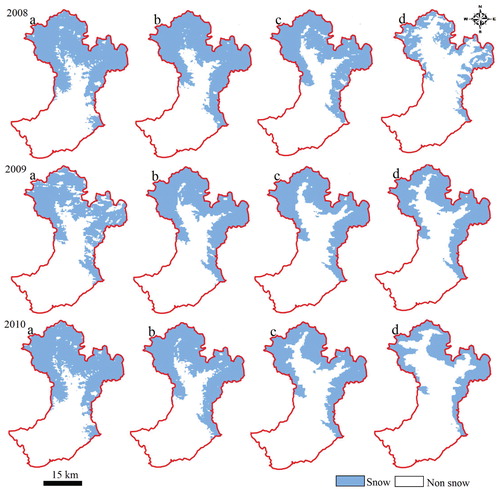 FIGURE 9. Spatio-temporal distributions of the snow cover in the study area from 2008 to 2010, in (a) February, (b) Mach, (c) April, and (d) May.