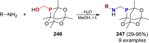 Scheme 144. Reaction of primary amines with 8-hydroxymethyl-1,3,5,7-tetramethyl-2,4,6-trioxa-8-phosphaadamantane. Products, yields, 31P NMR shifts, and related references, are listed in Table S38.