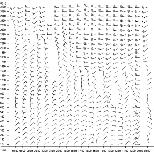 Figure 3. Wind profiler observation at Haidian station, from 0800 LST 9 November to 0200 LST 10 November.