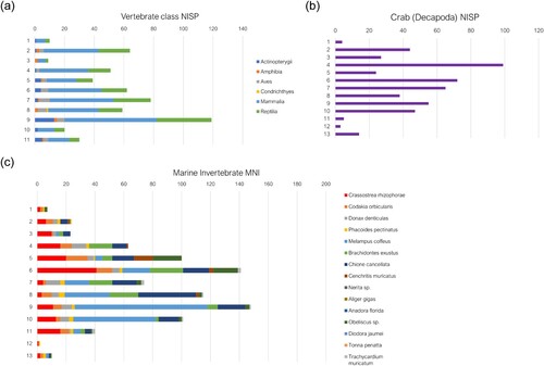 Figure 7. Distribution of faunal material according to excavation layer within Unit 72; (a) the NISP of vertebrate classes; (b) crab (Gecarcindae and Ucididae) NISP; (c) MNI of marine invertebrate species.