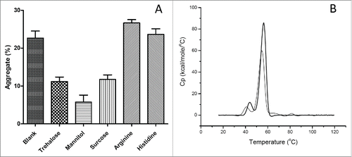 Figure 6. Effect of protein stabilizer on acid-induced aggregation of nivolumab. (A) Aggregates of nivolumab in 25 mM citrate buffer with 10% trehalose, mannitol, sucrose, or 50 mM arginine, histidine. Each data point represents the mean of triplicate experiments and error bars represent SD. (B) DSC thermal scans of nivolumab in 25 mM citrate at pH3.5 (thin solid line), plus 10% w/v mannitol (thick solid line).