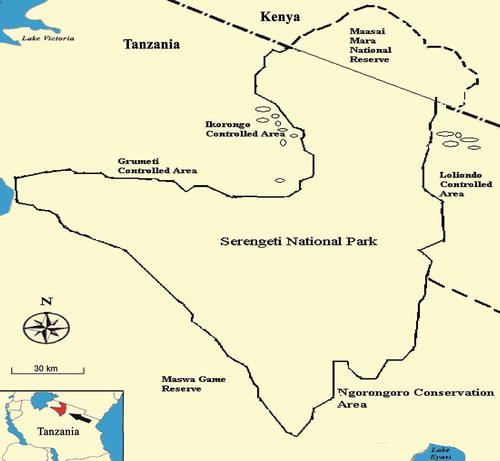 Figure 1. Map of the Serengeti ecosystem indicating the protected areas and villages that are contiguous with the Serengeti ecosystem where the survey was conducted. Oval shapes on the map indicate the villages surveyed.