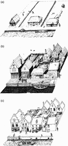 Figure 7. An artist's impression of three phases of urban development and human excrement management. Drawings by Carl van Hees (Leiden). (a) Haarlem or Leiden in the thirteenth century, a town with a rural character. In this phase, privies seem to be absent, i.e. there is no archaeological evidence of privies. A pile of dung is ready on the quayside/shore to be brought by barge to surrounding fields outside the town walls. (b) Haarlem or Leiden in the fifteenth century (‘the cesspit era’), when the town was small: for most of the century it had fewer than 10,000 inhabitants and a low population density. Privies are located in the rear of the yard or near the house. Nightmen collect waste in tubs and carry it from the cesspit to their barge. The water in the canal is relatively clean and is used as household or drinking water; breweries also drew their water from the canals in this period. (c) Leiden in the seventeenth century, a large town with about 50,000 inhabitants and a high population density. Privies no longer drain into cesspits. Brick-built sewers that run from the privy in the backyard or in the house are now embedded in the stone quay and drain the waste straight into the canal. Town dwellers dump human waste into the canal. The result is a great stink. Barges are now used to dredge the canals regularly, but the water in the canals is no longer fit for consumption. Brewers start to bring fresh water by ship; gradually consumers start to construct shared or private water wells in their yards.