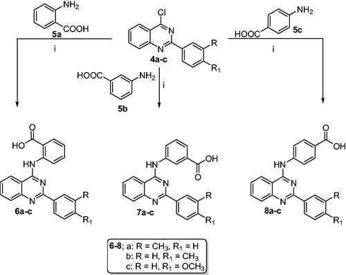 Scheme 2. Synthesis of 2-aryl-quinazolin-4-yl aminobenzoic acids (6a–c, 7a–c and 8a–c): Reaction conditions (i) Isopropanol/HCl (cat.)/reflux/2h.