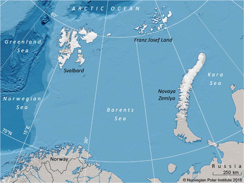 Fig. 1 The Barents Sea and surrounding land areas. The Barents Sea polar bear population is distributed from Svalbard in the west to Franz Josef Land in the east. The majority of the polar bears in the population is found in sea-ice covered areas between, and north of, these archipelagos.