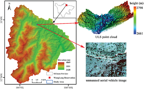 Figure 1. The topography, ULS point cloud, and unmanned aerial vehicle image of the study area.