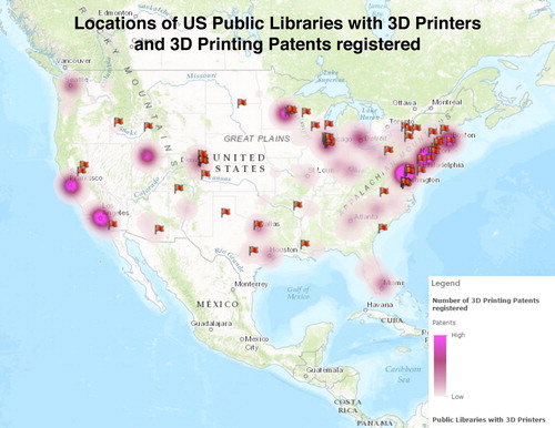 Figure 2 This map shows the locations of US public libraries with 3D printers overlayed on a heat map showing registered 3D printing patents in the US.