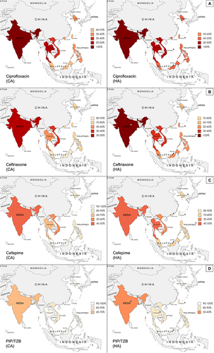 Figure 1 Geographic distribution of selected antibiotic susceptibility rates of E. coli isolates from community-associated (CA) and hospital-associated (HA) intra-abdominal infections from selected areas in the Asia-Pacific region. An asterisk (*) indicates a significantly lower susceptibility rate among HA isolates compared to CA isolates in this country. (A) Ciprofloxacin (B) Ceftriaxone (C) Cefepime (D) Piperacillin/tazobactam.