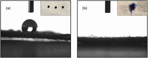 Figure 3. Contact angle measurement of (a) untreated and (b) 5 min plasma treated cotton fabric.