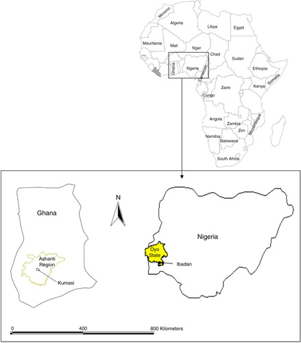 Fig. 1 Map of Africa showing Nigeria and Ghana. (Inset) Locations of Ibadan, Nigeria, and Kumasi, Ghana.