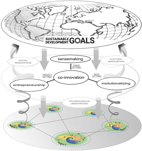Figure 4. Co-innovation, entrepreneurship, sensemaking and institutionalizing across scales and locations. Source: author’s elaboration, design of SDGs: United Nations (Citation2020).