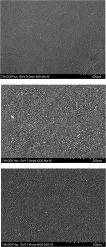 Figure 1. SEM images of the bulk-fill substrate surfaces that were polished with grinding paper (FEPA #500, #1200, #2000). Magnification ×60, ×200, ×500.