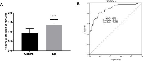 Figure 1 All qRT-PCR experiments were conducted using three biological replicates and three technical replicates. The amount and clinical values of FENDRR. (A) Plasma FENDRR was enriched in patients with EH. (B) Satisfactory diagnostic value of FENDRR for EH patients. ***P < 0.001.