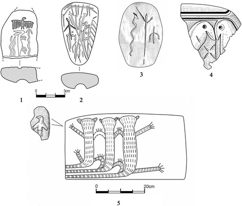 Figure 7 Birds depicted on small plaques from Jerf el Ahmar (Stordeur et al. Citation1997a: fig. 2:a–b; Stordeur and Abbès Citation2002: fig. 16:3), Göbekli Tepe (Schmidt Citation2011: fig. 12) and Tell ‘Abr 3 (Yartah Citation2004: fig. 12).