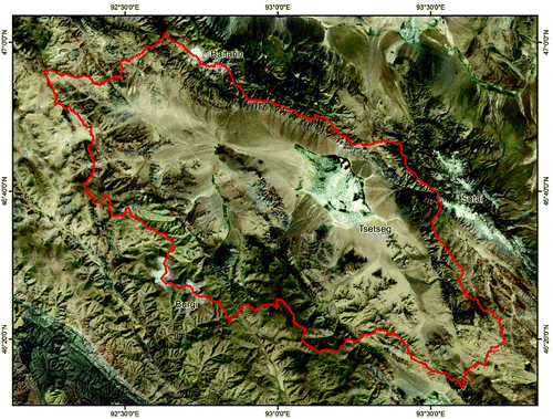 Figure 1. Landsat satellite image of the Tsetseg Nuur catchment area (Provided as Basemap-Layer in ArcGis 10 by ESRI)
