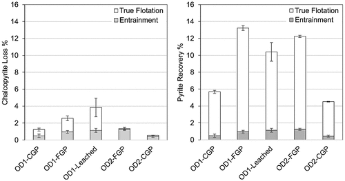 Figure 5. Entrainment and true flotation recoveries of (a) chalcopyrite and (b) pyrite. Adapted from Yenial-Arslan et al. (Citation2023).