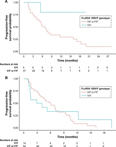 Figure 2 Progression-free survival for patients with metastatic gastric cancer receiving chemotherapy and trastuzumab (A, P=0.12) or chemotherapy only (B, P=0.96) as the first-line treatment, according to FcγRIIIA polymorphisms (F/V or F/F vs V/V).