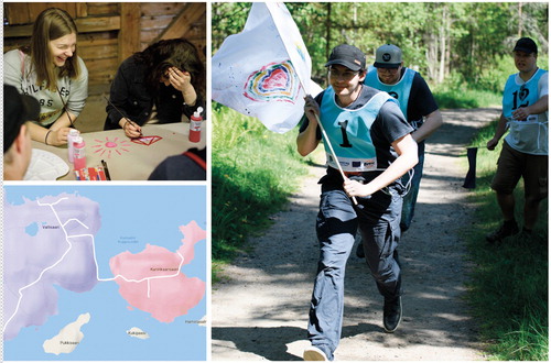 Image 1. Right: Players with a captured flag, showing the excitement of success: they are rushing towards their own island and Micronation with their pillage (the opposite team’s flag), choosing the route carefully in order to avoid ambush from the opposite team. Top left: Participants having a joyful time while creating their Micronations. During the Micronation creation process we could hear a lot of laughter in the boat shed where this part of the play took place, where participants unleashed their imagination. Bottom left: Map of islands Vallisaari and Kuninkaansaari. Detached from traditional map colours and tinted into pink and purple started the process of shifting the participants’ thoughts from ordinary to imaginary. Photos: Ilkka Nissilä, 2018.