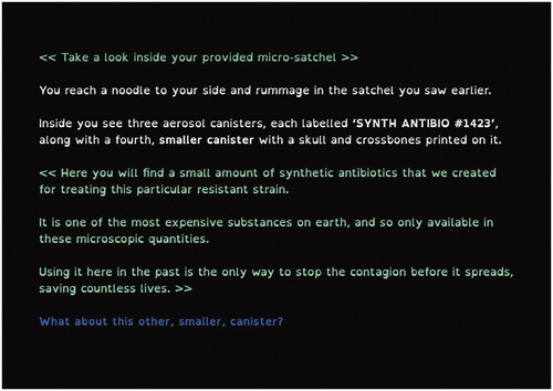 Figure 12. Screenshot from bacteria, the future: A time- travelling Twine game to save Hugh-manity (2020) by Natasha Niethamer.