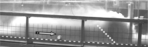 Figure 5 Physical modelling of turbidity current flowing down incline of S o  = 4.64%, passing through 45° upward inclined water jet screen, at t = 140 s (Test E01, see also Fig. 9), resulting in a bore propagating upstream