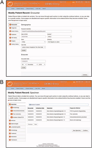 Figure 1. The web-based manual data entry portal (MDE) facilitates entry of information from source documents including pathology reports. The MDE portal can be navigated based on two major tabs divided into patient history (A) and clinical history (B) comprising the entire HCL-PDR data set.