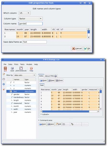 Figure 3: Two dialogs for working with data frames. The left graphic shows a dialog to edit the name and variable type properties of a data frame. In this case, the names of the feet data frame are being changed from the default names prefaced with a “V” to more descriptive names. The right graphic shows the Data tab with the feet data frame after its variables were renamed. The names appear as column headers. The same names are also shown in the variable browser after expanding the entry for feet. These names may be dragged and dropped into other dialogs.