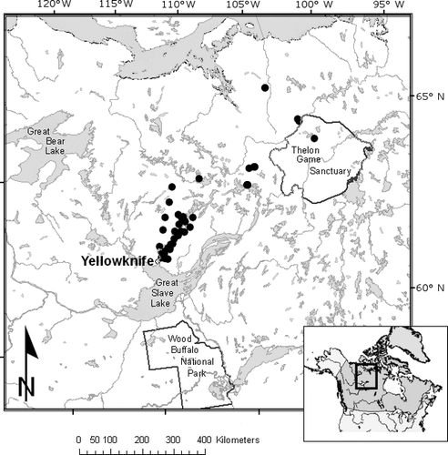 Figure 1 Locations of the 50 lakes across Arctic treeline. Study sites are indicated by black circles, with the exception of Slipper Lake, whose location is shown as a white circle.