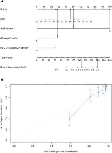 Figure 3 Nomogram predicting the development of liver-related mortality (A). Calibration plot for predicting liver-related mortality (B).