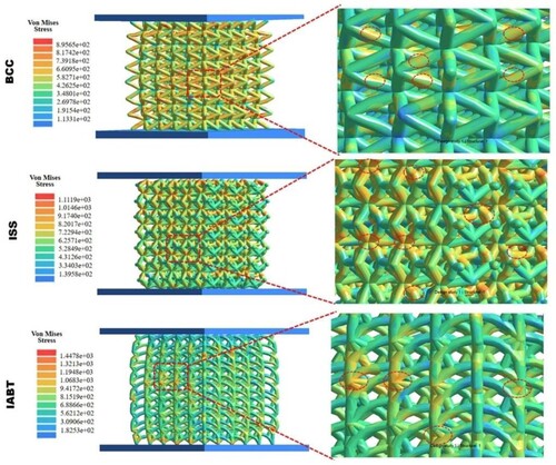 Figure 13. FE result of lattice structures at 20% strains. Location of stress concentration in BCC, ISS, and IABT lattice structure at 20% strains.