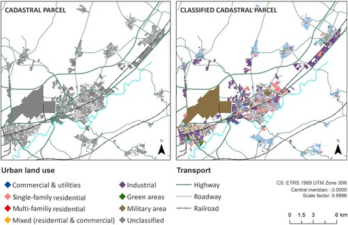 Figure 3. Basic cadastral information (left) and classification by urban land use (right).