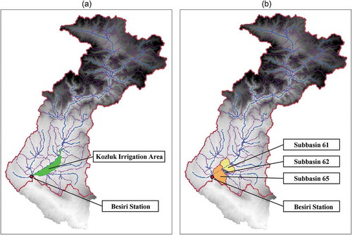 Figure 4. Kozluk irrigation area: (a) actual location and (b) locations of the HRUs representing the irrigation area in the SWAT model.
