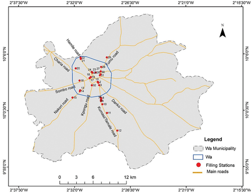 Figure 3. Spatial distribution of filling stations in the Wa Municipality.