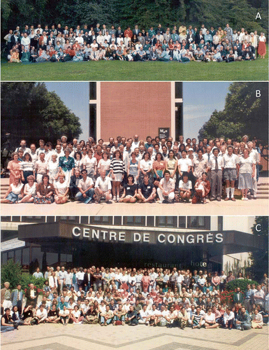 Figure 2. A, Participants at the Second International Conference, Copenhagen, Denmark, August 1986; B, Participants at the Third International Polychaete Conference, Long Beach, California, August 1989; C, Participants at the Fourth International Polychaete Conference, Angers, France, July 1992.