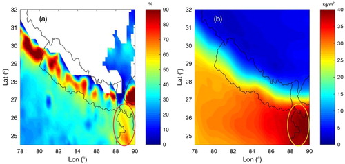 Figure 7. Time-averaged Map (April–May, 2015) of soil moisture (a) and total column water vapour (b) over the epicentral region.