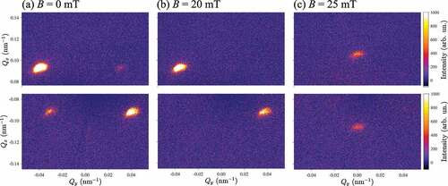 Figure 3. (Qx,Qy) maps of the XRMS intensity measured (a) in the multi-domain helical (B=0 mT), (b) in the single-domain helicoidal (B=20 mT), and (c) in the conical (B=25 mT) states.