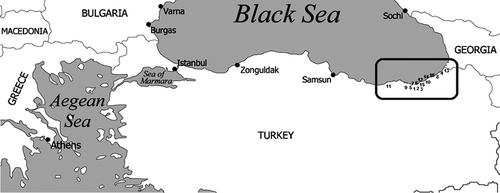 Figure 1. Sampling locations of domestic teas collected from different districts of Turkey. 1, Kalkandere; 2, Salarha; 3, Ortapazar; 4, Arhavi; 5, Sürmene; 6, Iyidere; 7, Eskipazar; 8, Fındıklı; 9, Araklı; 10, Cayeli; 11, Tirebolu; 12, Cumhuriyet; 13, Hopa; 14, Pazar; 15, Derepazarı; 16, Ardeşen.