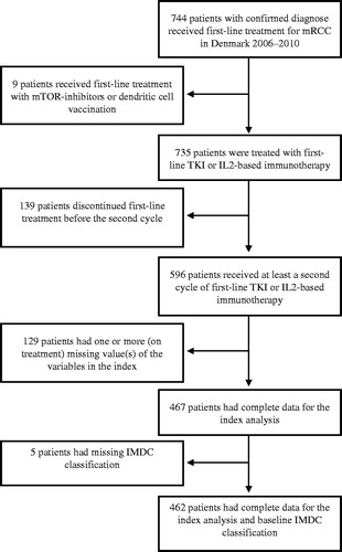 Figure 1. Flowchart of first-line patients with mRCC treated with TKI or IL2-based immunotherapy. IL2, interleukin-2; IMDC, International mRCC Database Consortium; mRCC, metastatic renal cell carcinoma; mTOR, mammalian target of rapamycin; TKI, tyrosine kinase inhibitor.