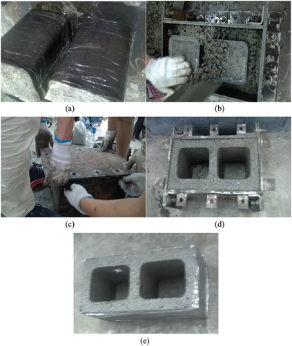 Figure 4. The production process of the hollow block: (a) Inner column lubrication design; (b) Concrete loading; (c) Clamping bar; (d) Floor stripping; (e) Block release.