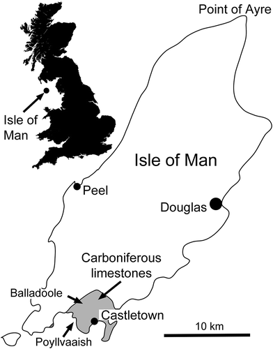 Figure 1. Locality map showing outcrops of Carboniferous limestones around Castletown, Isle of Man.