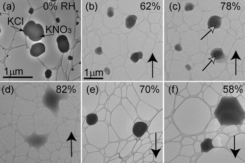 FIG. 7 Particles from an equimolar solution of KCl & KNO3 deposited onto a lacey-carbon TEM grid. Images (b) through (f) are at the same magnification. Particle identities are indicated with the black arrows in (a). Relative humidity was increased from (a) 0% to (d) 82% and then decreased to (f) 58%. Images (a), (d), (e), and (f) are of a different field of view. Solid phases, indicated by the open black arrows, remain visible at an RH of (c) 78%.