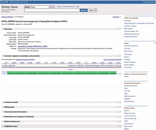 Figure 4. The Entrez Gene page of the steroid monooxygenase gene from Aspergillus fumigatus (locus tag AFUA_8G00440), showing gene-related information including the sequence viewer and a link (Open Full View) to see the full view.