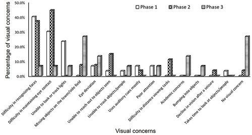Figure 1 Clustered bar-graph representing the frequency distribution of both visual and no visual concerns based on the three phases of cerebral visual impairment (n = 72).