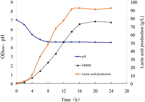 Figure 10. Growth, pH change and Lactic acid production curve of LYBC06 strain. Note: The lactic acid production was basically synchronized with the growth of LYBC06 strains, and the maximum amount of lactate could be produced up to 92 g/L at 16 h culture during the logarithmic growth phase. In terms of pH change, during the early stage of bacterial growth (0–6 h), the pH revealed a rapid decrease and sequentially, it was stabilized at pH 4.5.