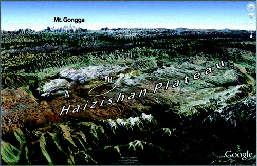 Figure 2. Google Earth image looking east across the Haizishan plateau within the Shaluli Shan. The large number of lakes (A) on the low-relief plateau is indicative of glacial scouring, and the pattern of lineations (B) is indicative of ice cap glaciation with active basal erosion. Close-up images of A and B are shown in Figure 7e and d, respectively.